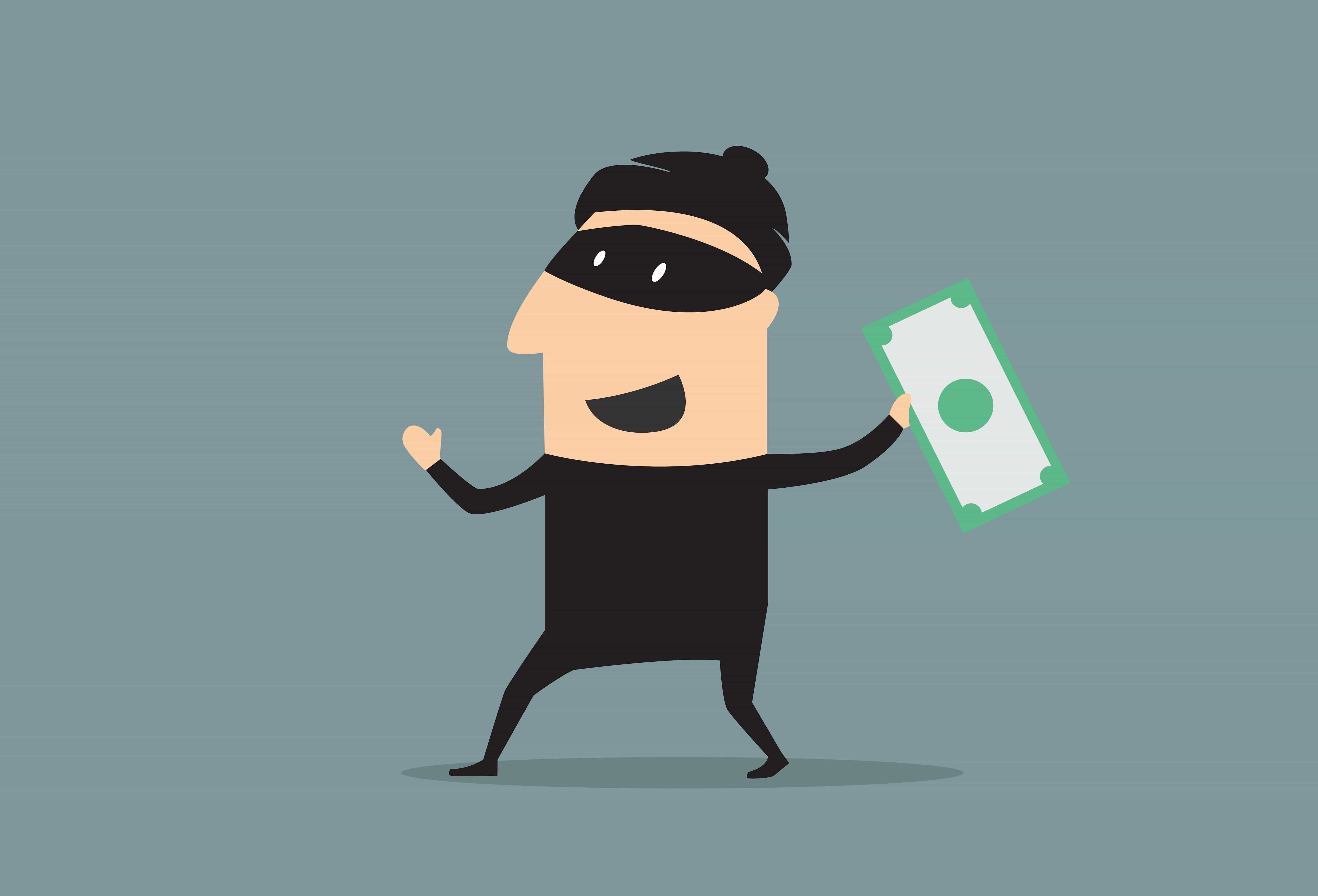 Masked thief with money in cartoon style
